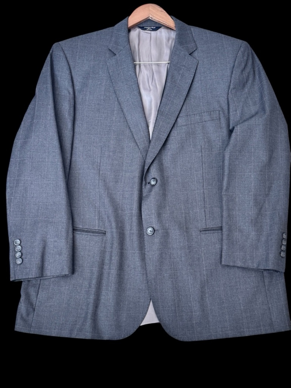 Joseph & Feiss Dark Gray Windowpane 100% Wool Blazer Size 44R Excellent Cond.